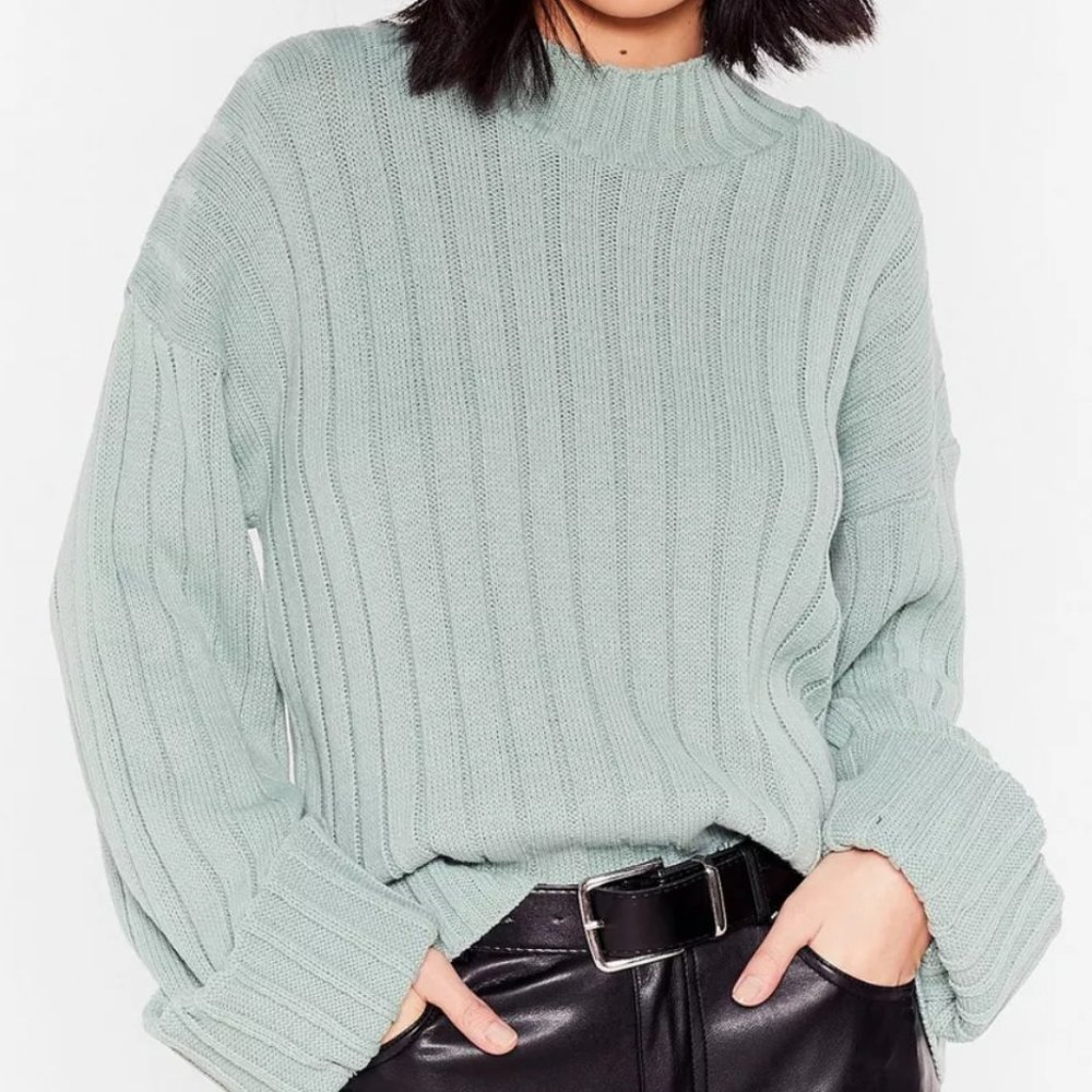 Mock Neckline Ribbed Sweater with Wide Sleeves